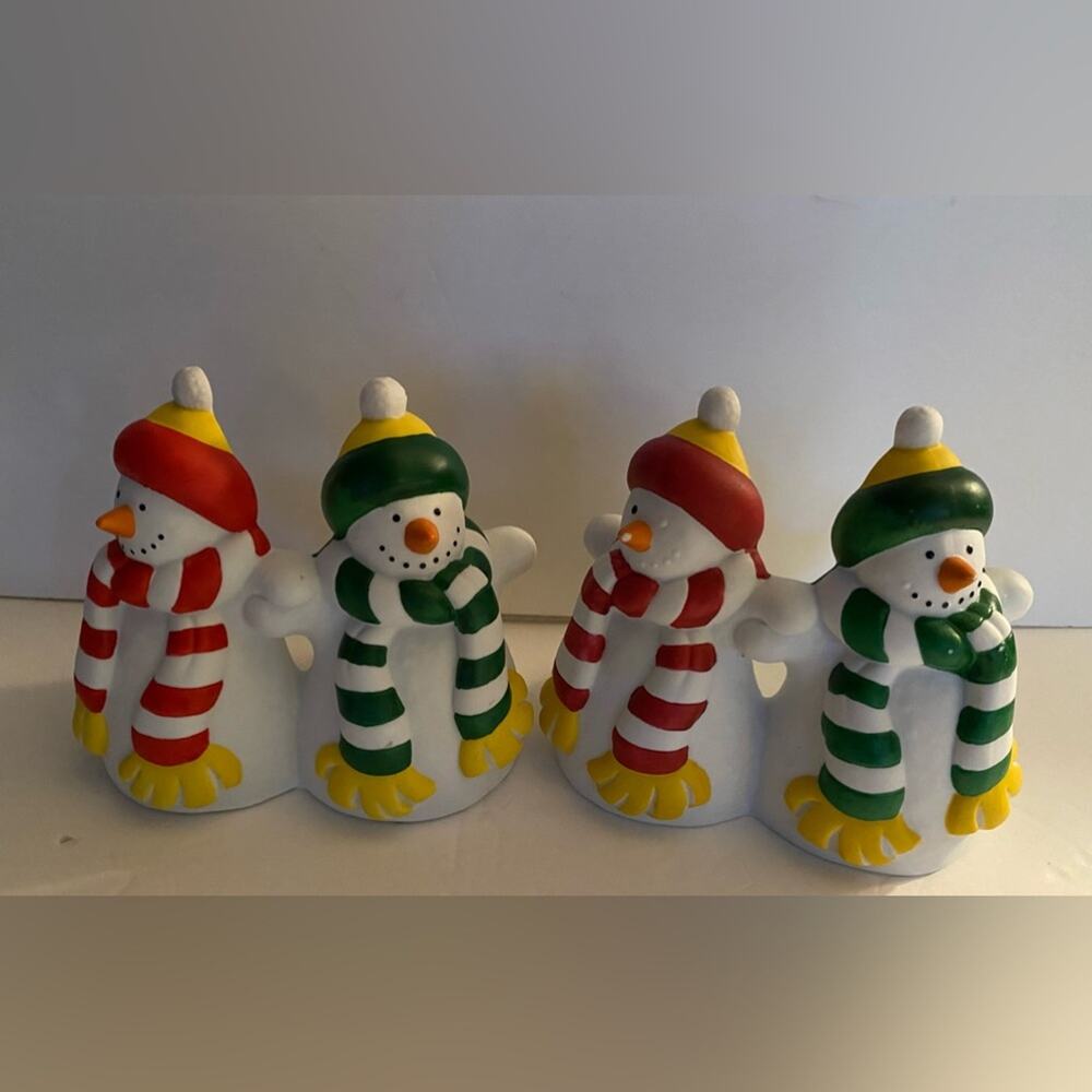 2 Partylite Snowmn Candle Holders Red green hats scarves Carrot nose black - Picture 1 of 6